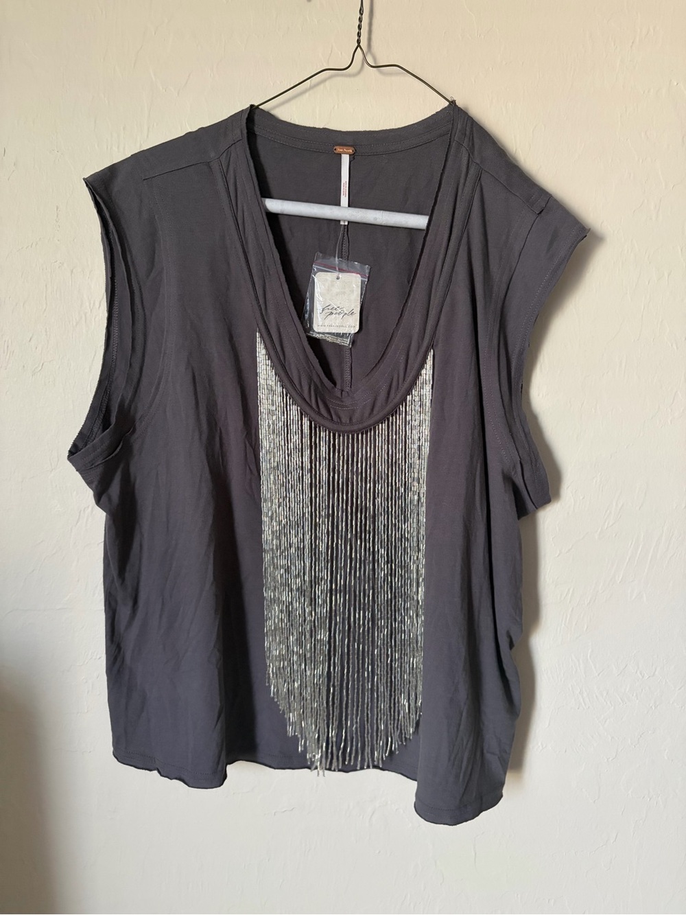 NWT Free People Metallic Fringe Scoop Tank - Charcoal